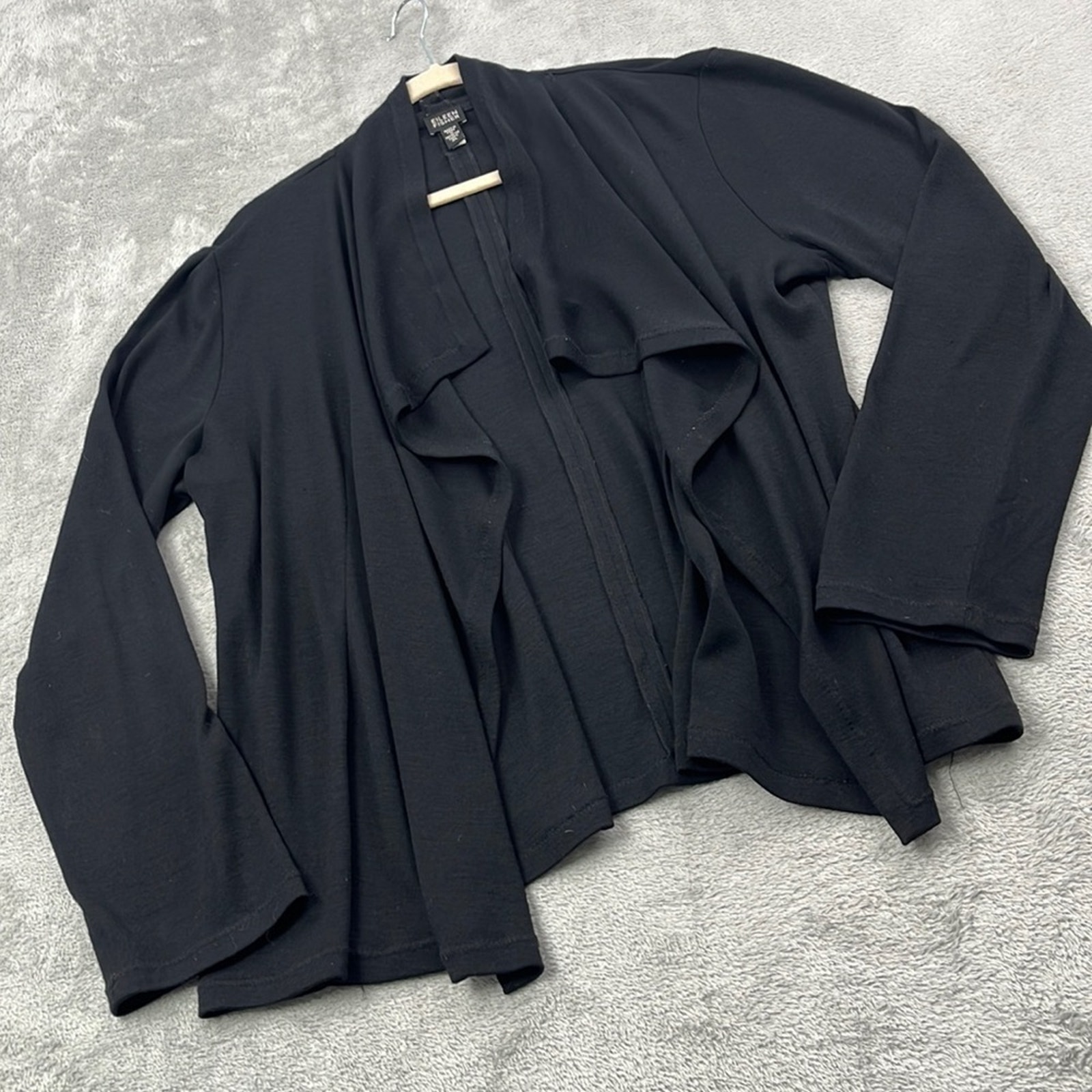 Eileen Fisher Xl 100% Wool Black Open Drape Cardigan Sweater